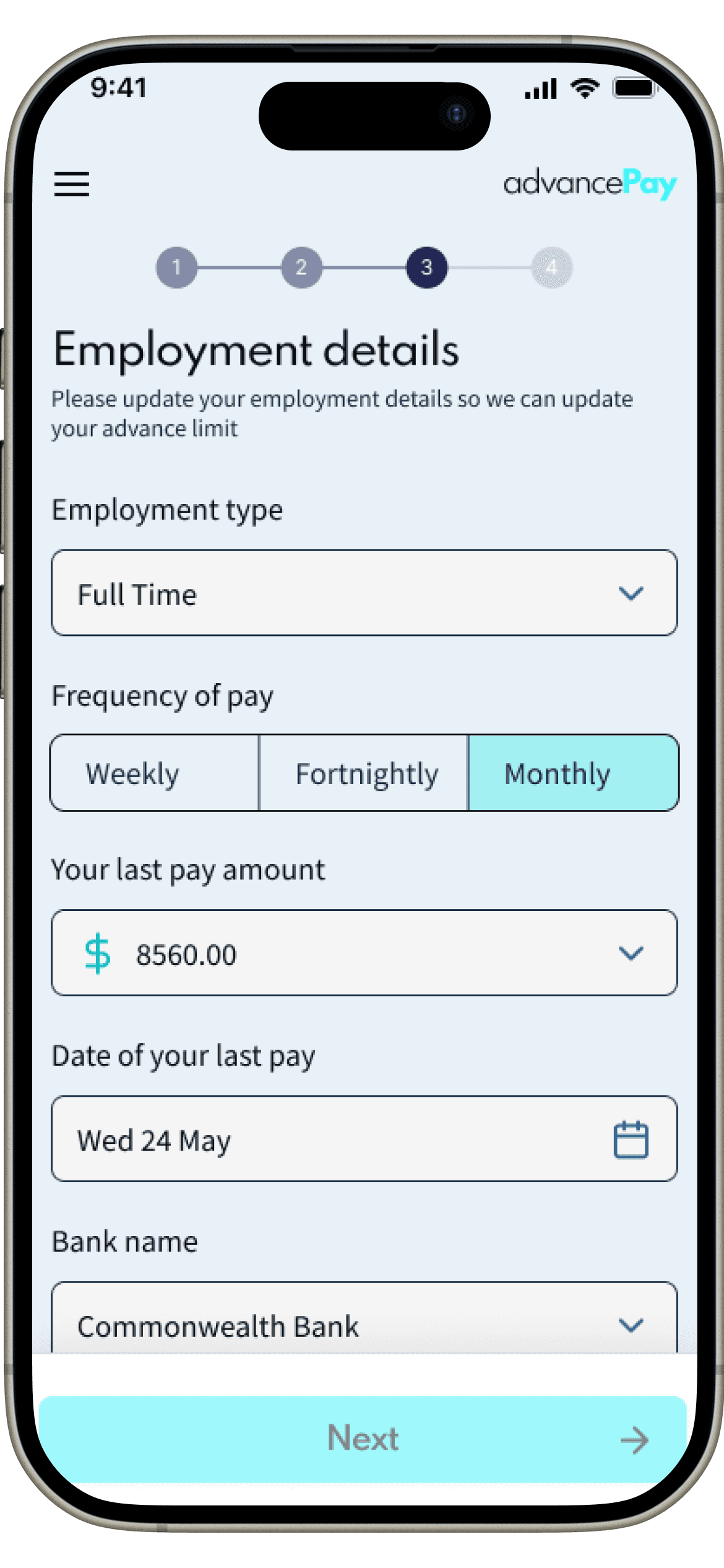 Employment details step showing a 4-step progress indicator