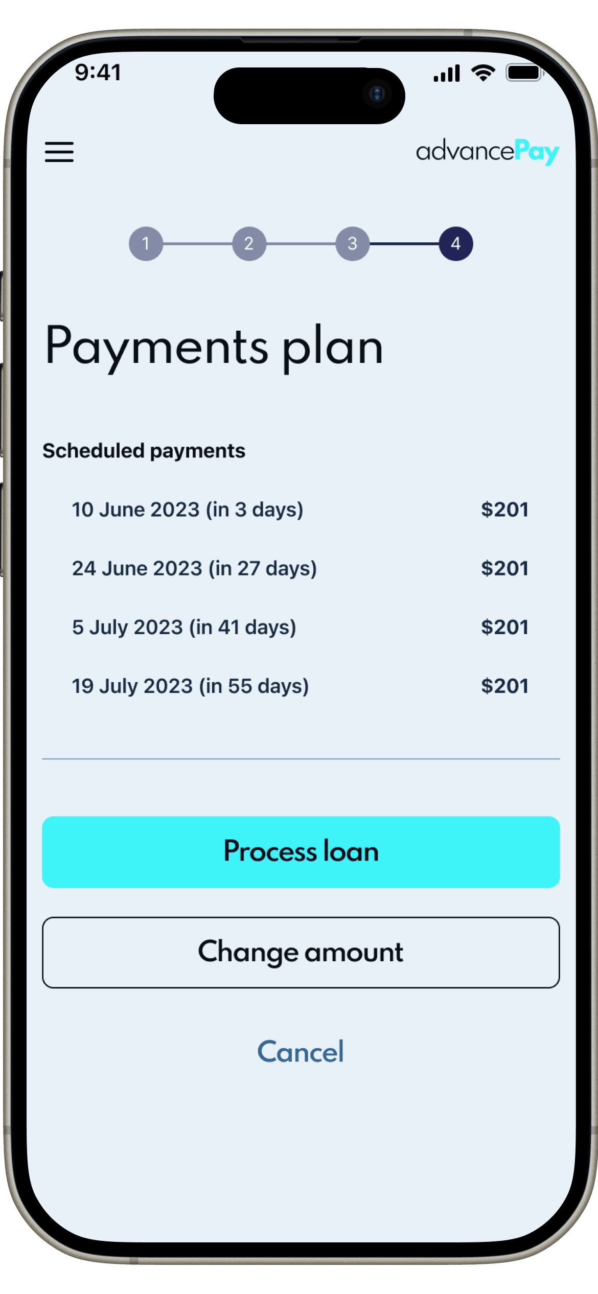 Payment plan screen listing four dated instalments