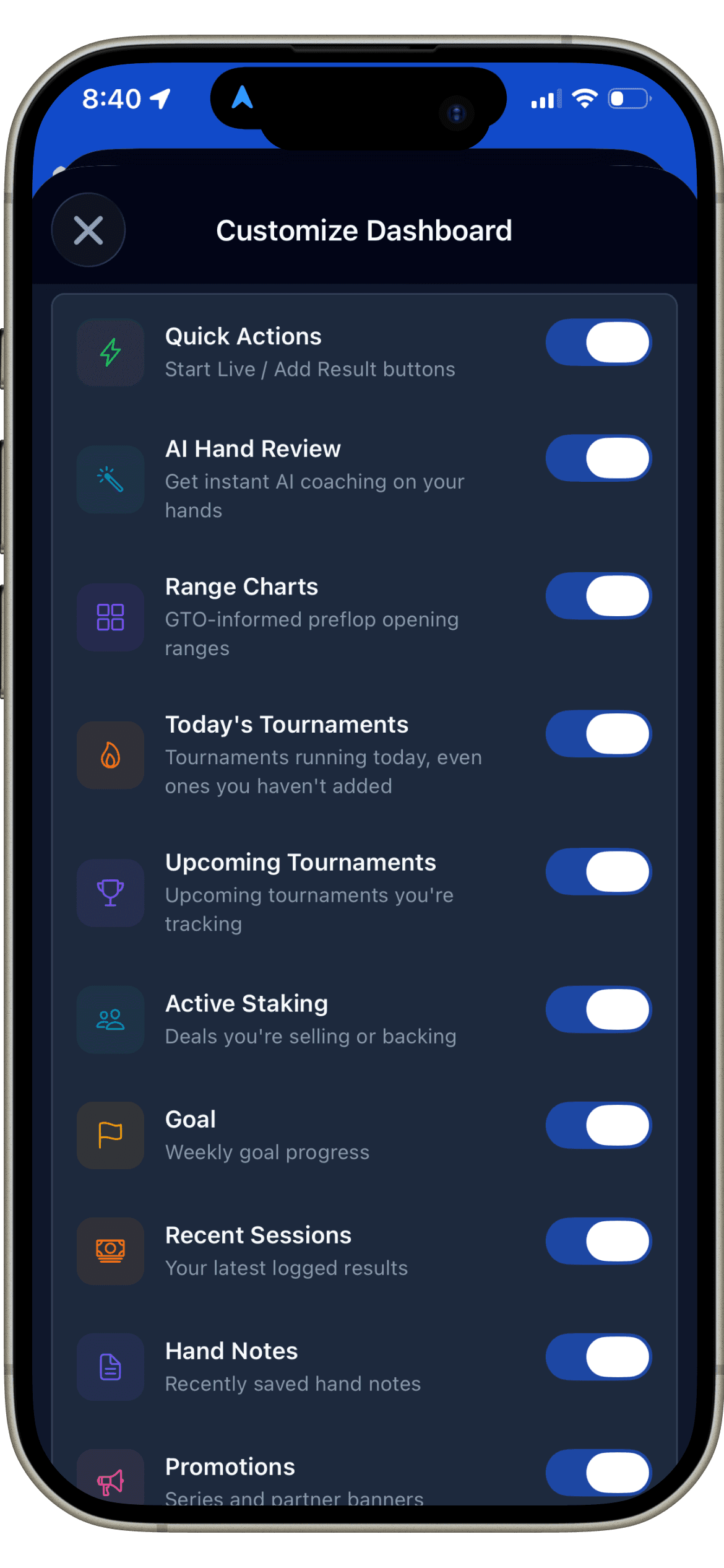 Customize Dashboard screen with a toggle per module