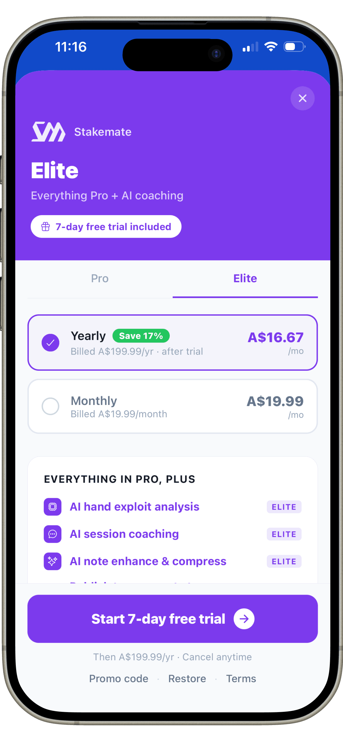 Stakemate Elite subscription paywall showing yearly and monthly pricing